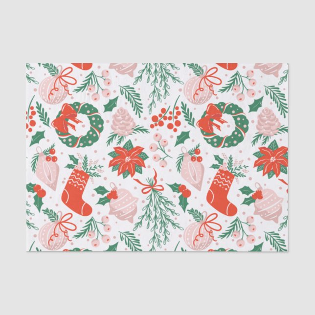 Christmas Poinsettia, Berries and Ornaments  Tissue Paper (Front)