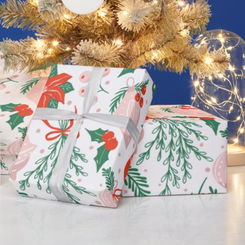 Christmas Poinsettia Berries and Ornaments  Wrapping Paper