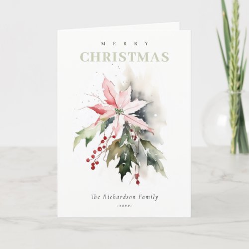 Christmas Poinsettia Berries Foliage Watercolor Holiday Card