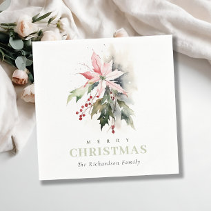 Christmas Poinsettia Berries Foliage Watercolor Napkins