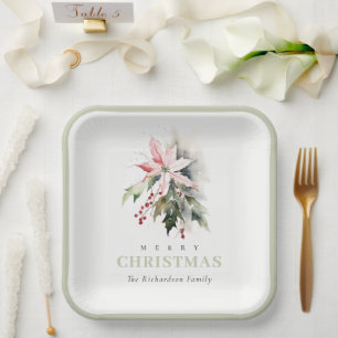 Christmas Poinsettia Berries Foliage Watercolor Paper Plates