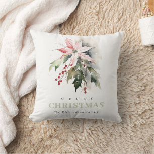 Christmas Poinsettia Berries Foliage Watercolor Throw Pillow