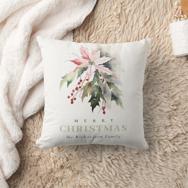 Christmas Poinsettia Berries Foliage Watercolor Throw Pillow (Blanket)