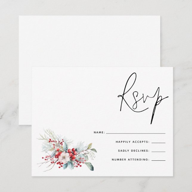 Christmas Poinsettia Berries Script Wedding RSVP (Front/Back)