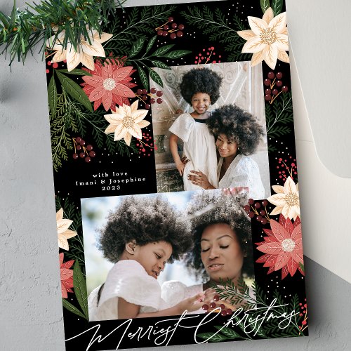Christmas Poinsettia Black White Photo Collage Holiday Card