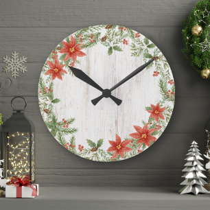 Christmas Poinsettia Botanical Foliage Round Clock