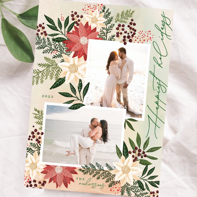 Christmas Poinsettia Botanical Photo Collage Happy Holiday Card (Christmas Poinsettia Splendor Photo Collage Happy Holiday Card)