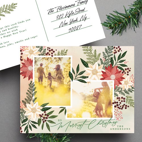 Christmas Poinsettia Botanical Photo Collage Holiday Postcard