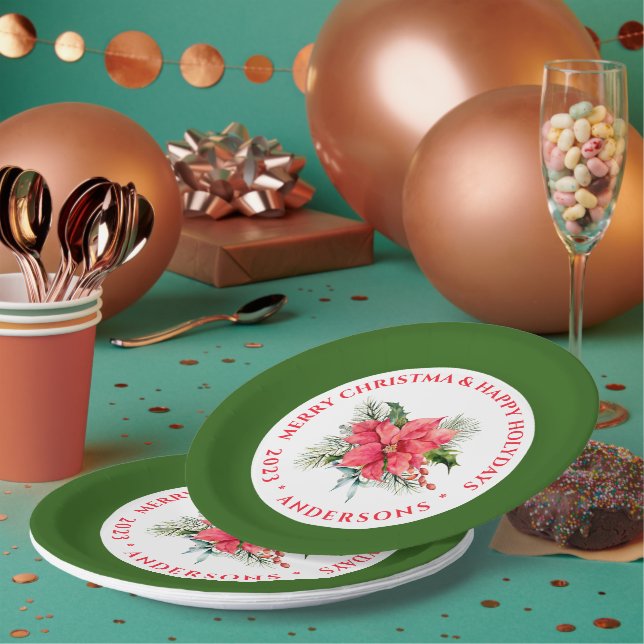 Christmas Poinsettia Bouquet Custom Red Text Paper Plates (Multi)