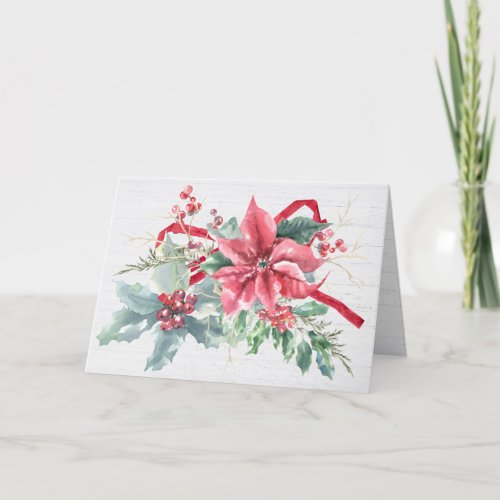 Christmas Poinsettia Bouquet On Wood Holiday Card