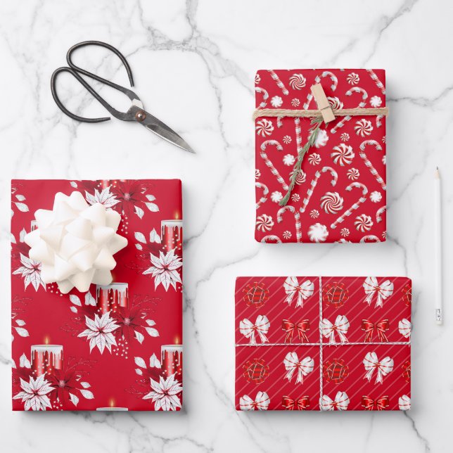Christmas Poinsettia Bow Candy Cane Candle Red Wrapping Paper Sheets (Front)