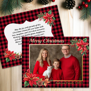 Christmas Poinsettia Buffalo Plaid Family Photo Foil Holiday Postcard