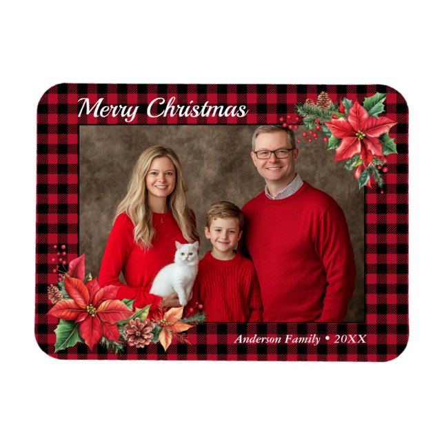 Christmas Poinsettia Buffalo Plaid Family Photo  Magnet (Horizontal)