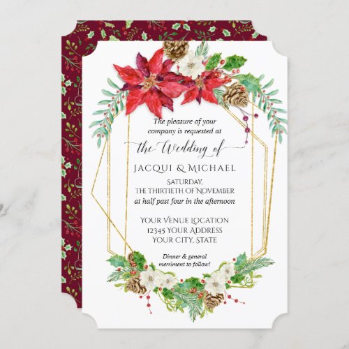 Christmas Poinsettia Burgundy Gold Watercolor Invitation