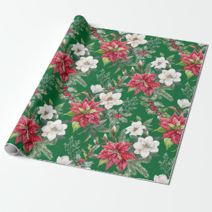 Christmas Poinsettia, Camellia Flowers & Berries Wrapping Paper
