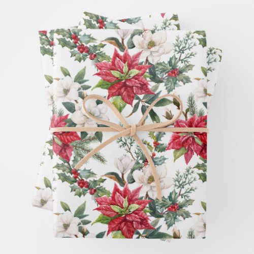 Christmas Poinsettia Camellia Flowers  Berries   Wrapping Paper Sheets