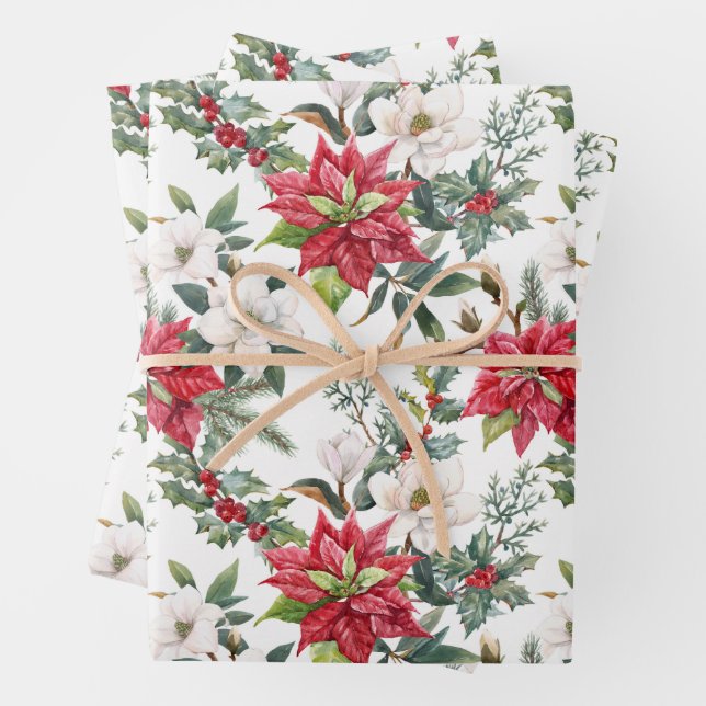 Christmas Poinsettia, Camellia Flowers & Berries   Wrapping Paper Sheets (In situ)