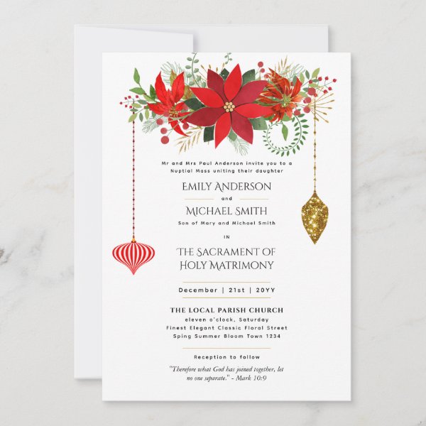 Christmas Poinsettia Catholic Wedding Nuptial Mass Invitation