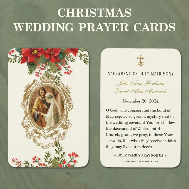 Christmas Poinsettia Catholic Wedding Prayer Card (Catholic Christmas Wedding Prayer Cards with Red Poinsettias)