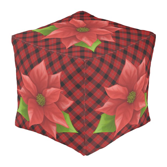 Christmas Poinsettia Cube Pouf (Angled Front)