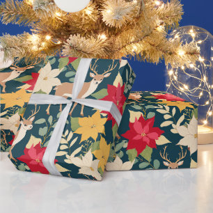 Christmas poinsettia deer pattern  wrapping paper