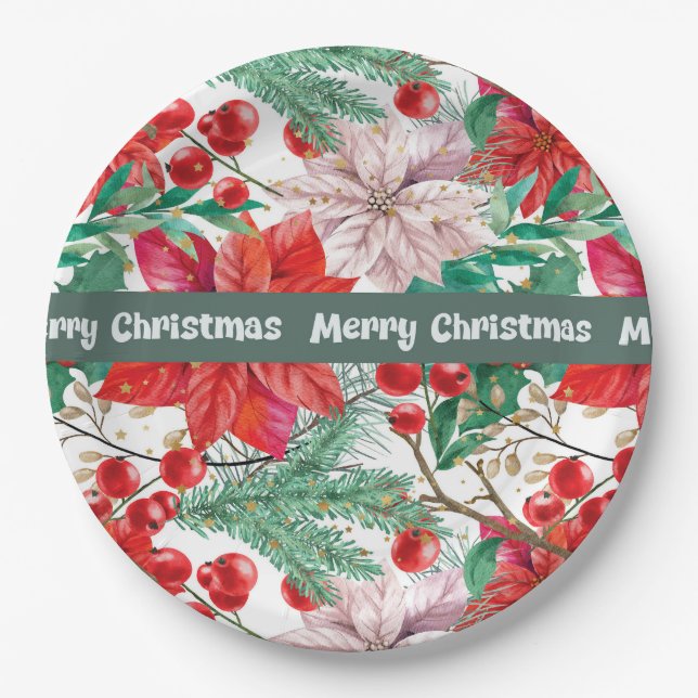 Christmas Poinsettia Design Paper Plates (Front)