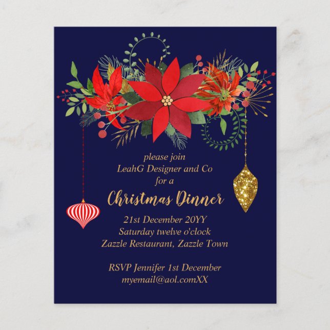 Christmas Poinsettia Dinner Invites Red BLUE Gold (Front)