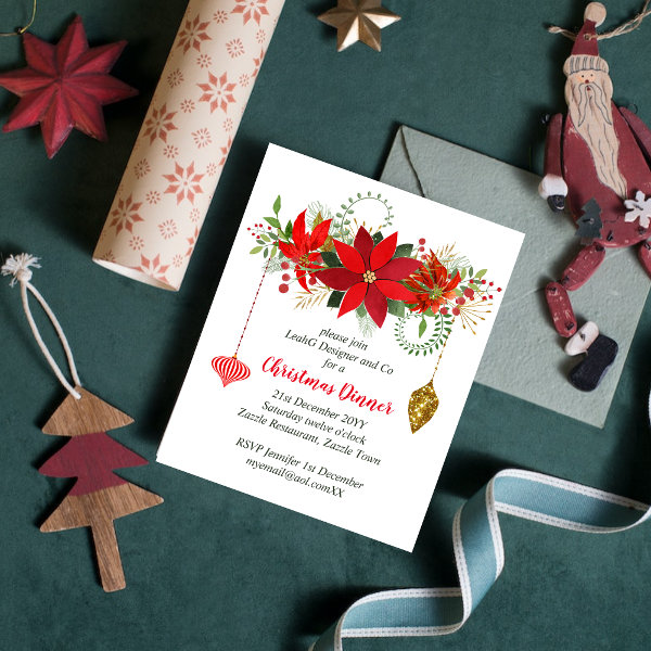 Christmas Poinsettia Dinner Invites Red Gold Chic