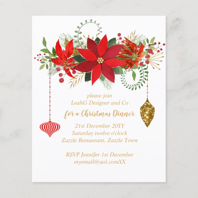 Christmas Poinsettia Dinner Invites Red Gold Chic (Front)