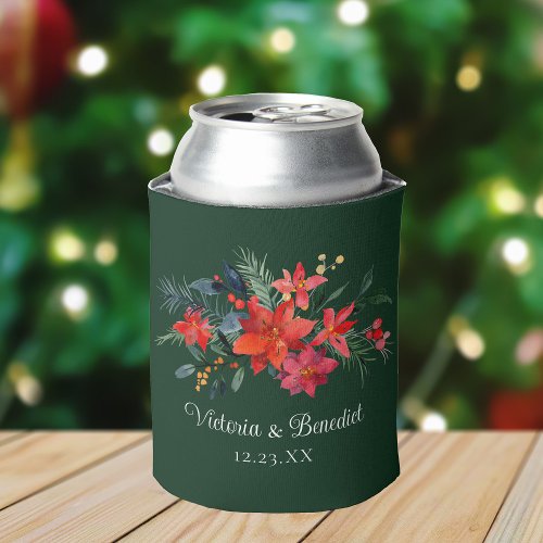 Christmas Poinsettia Elegant Floral Green Wedding Can Cooler