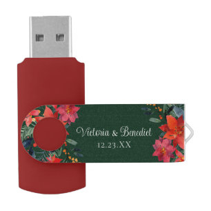 Christmas Poinsettia Elegant Floral Green Wedding Flash Drive
