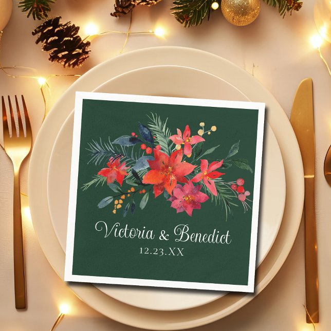 Christmas Poinsettia Elegant Floral Green Wedding Napkins (Creator Uploaded)