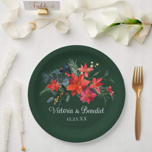 Christmas Poinsettia Elegant Floral Green Wedding  Paper Plates
