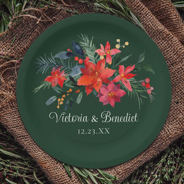 Christmas Poinsettia Elegant Floral Green Wedding  Paper Plates (Creator Uploaded)