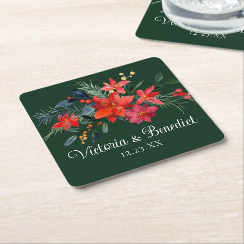 Christmas Poinsettia Elegant Floral Green Wedding Square Paper Coaster