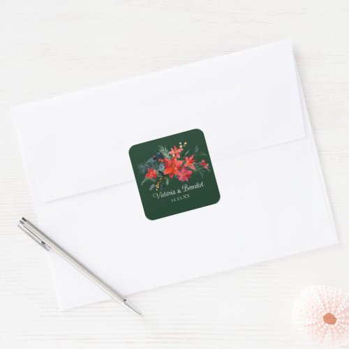 Christmas Poinsettia Elegant Floral Green Wedding Square Sticker