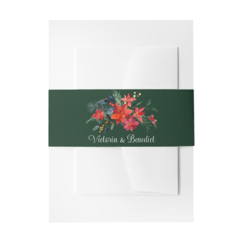 Christmas Poinsettia Elegant Green Floral Wedding Invitation Belly Band