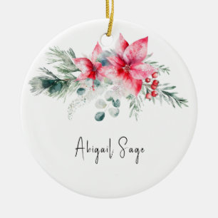 Christmas Poinsettia Evergreen Floral Bible Verse Ceramic Ornament