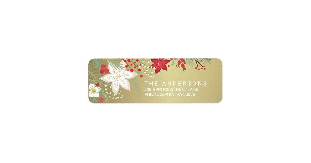 Christmas Poinsettia Faux Gold Foil Return Address Label | Zazzle