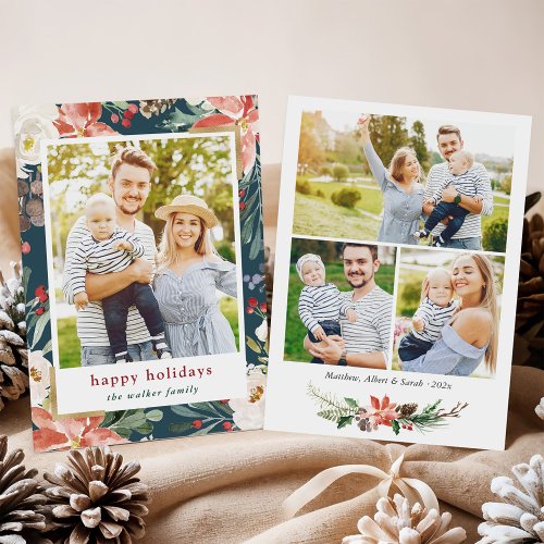 Christmas Poinsettia Floral 4 Photos Collage Holiday Card