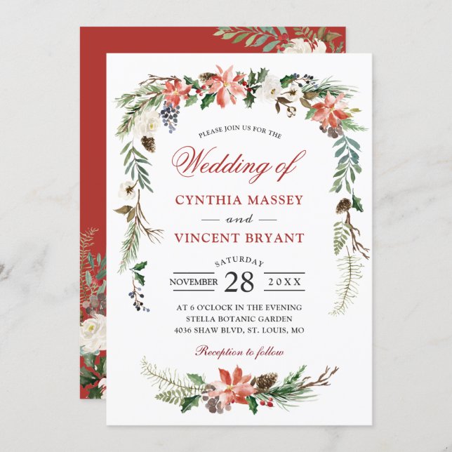 Christmas Poinsettia Floral Arch Winter Wedding Invitation (Front/Back)
