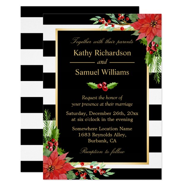 Christmas Poinsettia Floral Black Stripes Wedding Invitation
