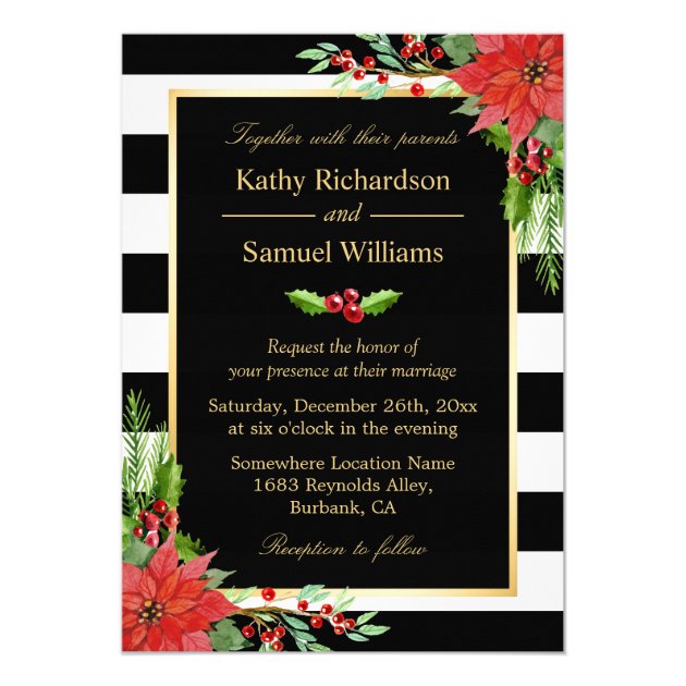 Christmas Poinsettia Floral Black Stripes Wedding Invitation