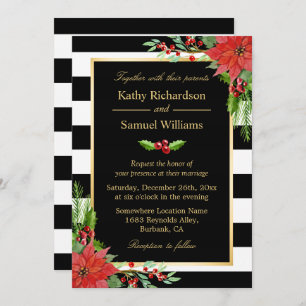 Christmas Poinsettia Floral Black Stripes Wedding Invitation