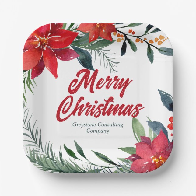 Christmas Poinsettia Floral Company Holiday Party Paper Plates (Front)