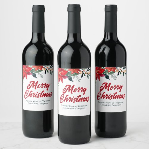 Christmas Poinsettia Floral Custom Holiday Party Wine Label