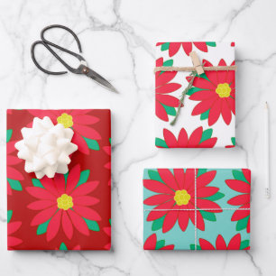Christmas Poinsettia Floral Festive Print on Red Wrapping Paper Sheets