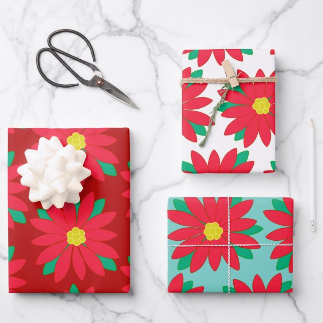Christmas Poinsettia Floral Festive Print on Red   Wrapping Paper Sheets (Front)
