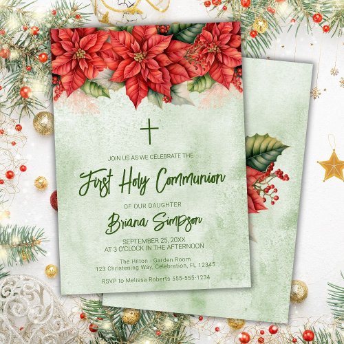 Christmas Poinsettia Floral First Holy Communion Invitation