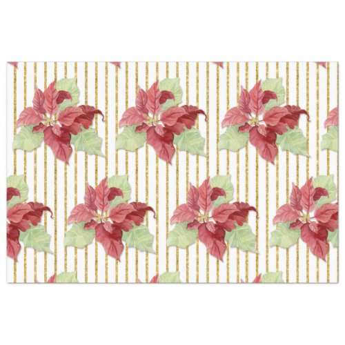 Christmas Poinsettia Floral Gold Glitter Stripe  Tissue Paper